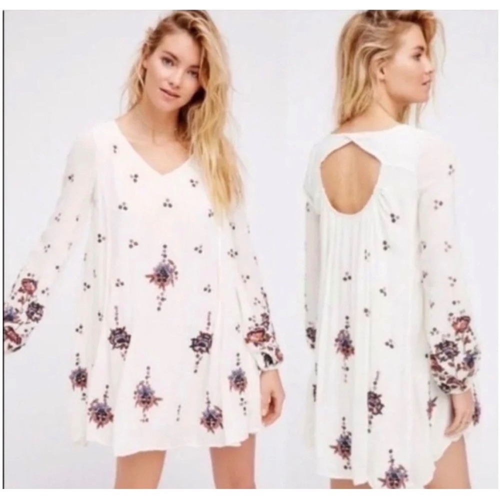 Free People Oxford Embroidered Mini Dress Swing M Floral Boho Hippie Flowy Gauze